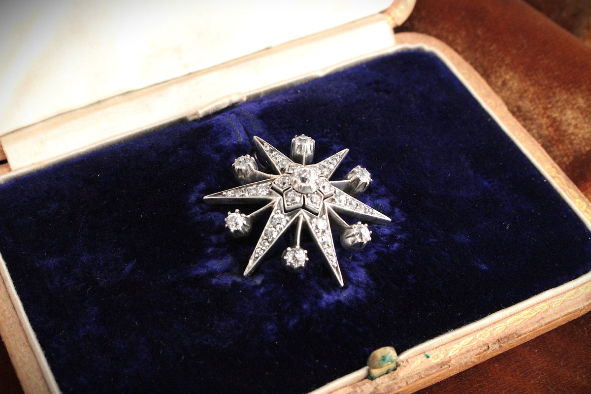 ANTIQUE VICTORIAN c1850 DIAMOND STARBURST PENDANT SILVER &amp; 9ct GOLD