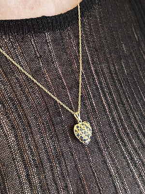 VINTAGE DOUBLE-SIDED SAPPHIRE & RUBY HEART PENDANT & CHAIN 9ct GOLD