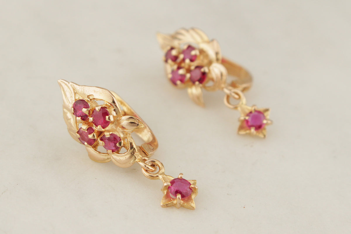 VINTAGE c1940 RUBY EARRINGS 14ct GOLD