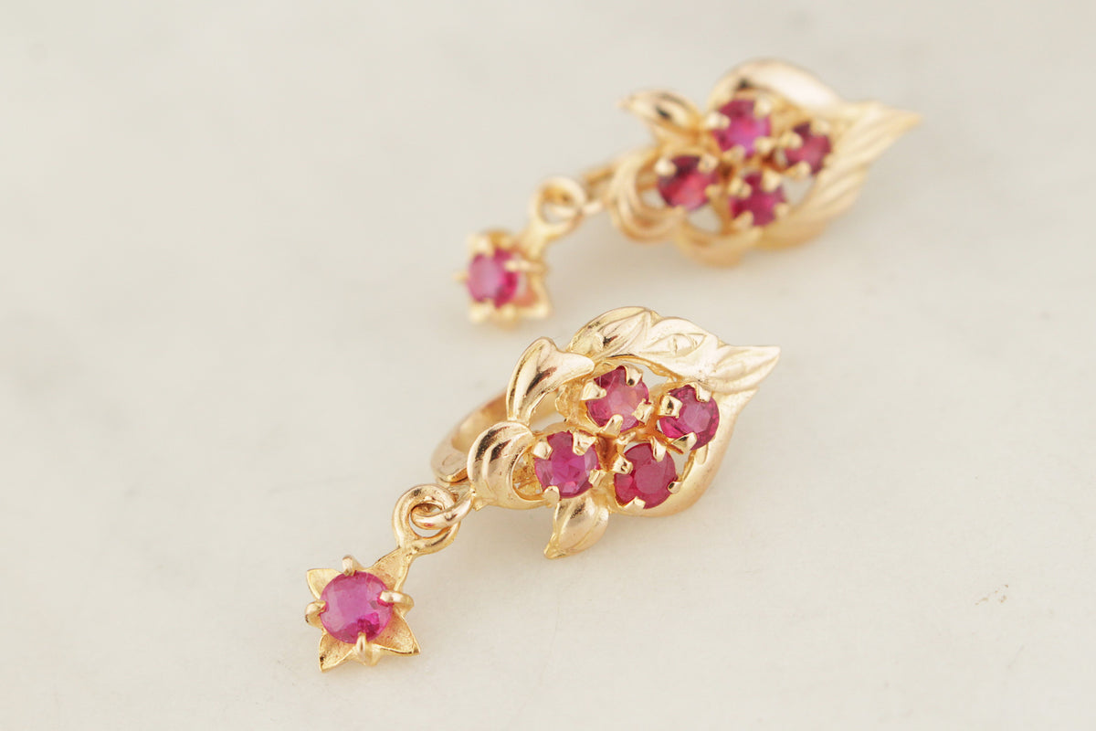 VINTAGE c1940 RUBY EARRINGS 14ct GOLD