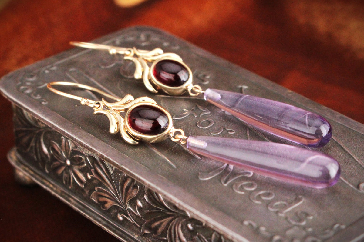 BESPOKE GARNET &amp; AMETHYST EARRINGS 9ct GOLD