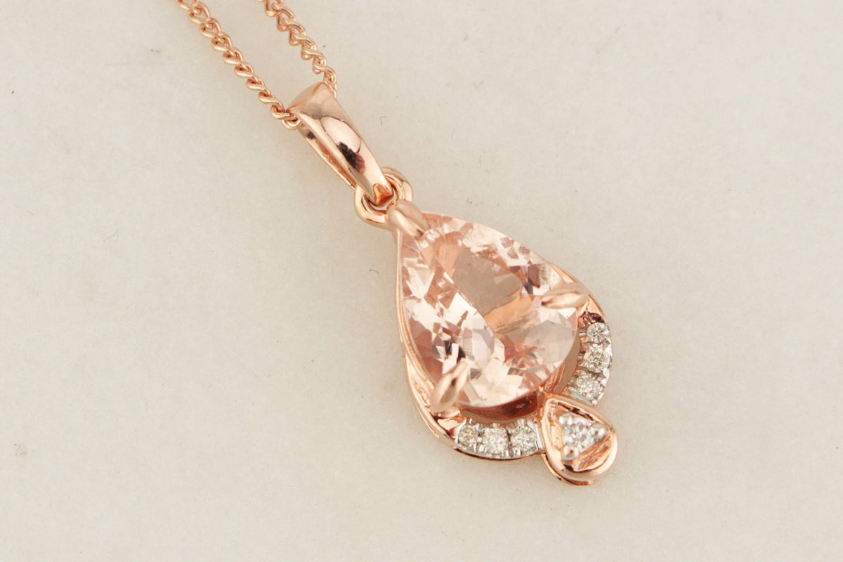 MODERN MORGANITE &amp; DIAMOND PENDANT &amp; CHAIN ON 9CT ROSE GOLD