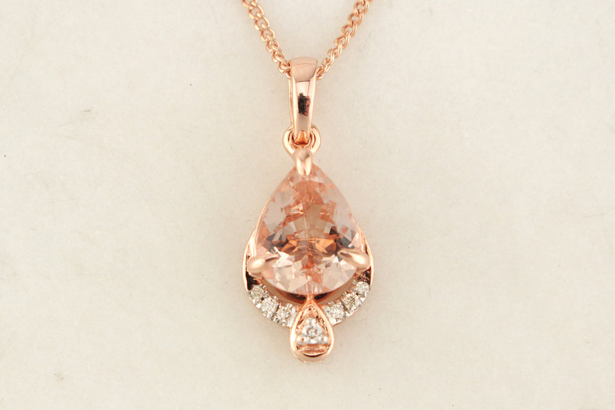 MODERN MORGANITE &amp; DIAMOND PENDANT &amp; CHAIN ON 9CT ROSE GOLD