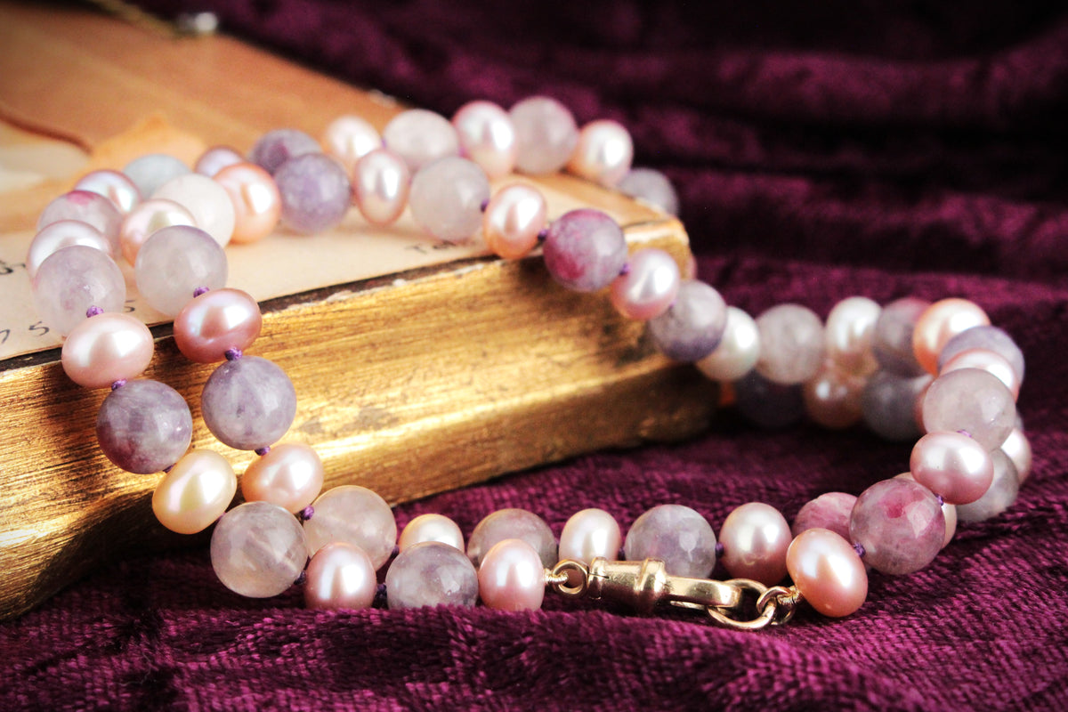 BESPOKE PINK PEARL &amp; PLUM TOURMALINE NECKLACE 9ct GOLD