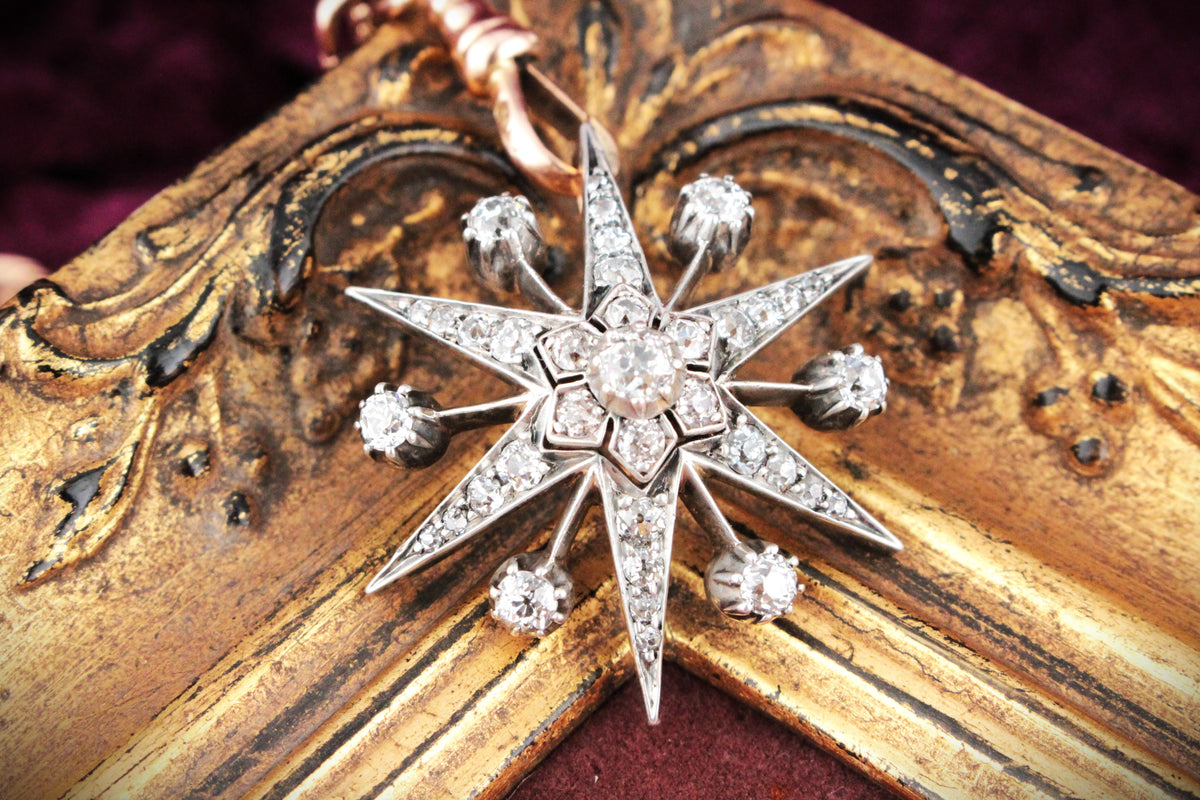 ANTIQUE VICTORIAN c1850 DIAMOND STARBURST PENDANT SILVER &amp; 9ct GOLD