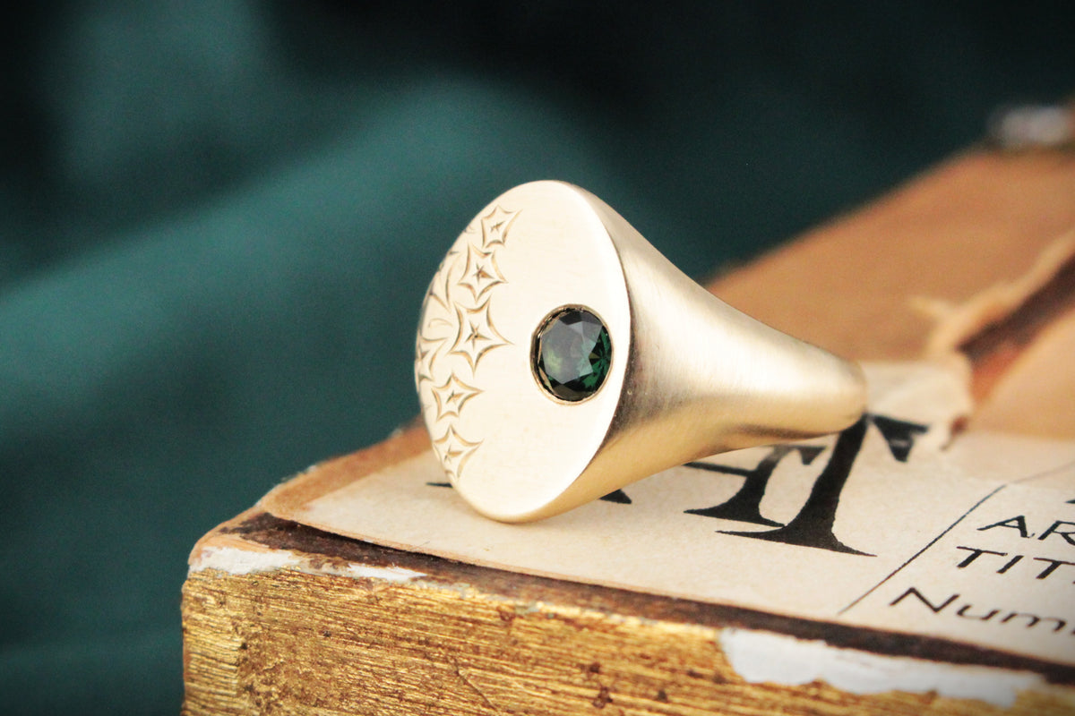 BESPOKE ETCHED SAPPHIRE SIGNET RING 9ct GOLD