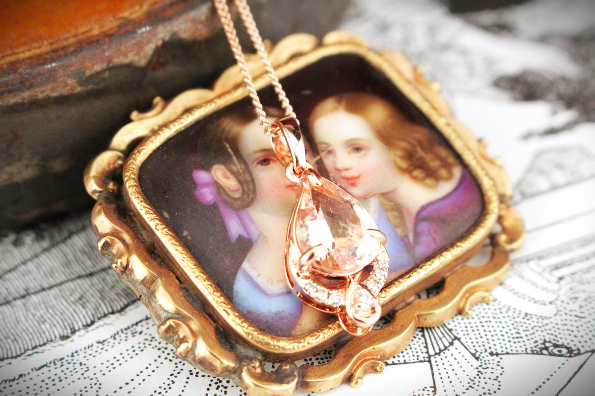 MODERN MORGANITE &amp; DIAMOND PENDANT &amp; CHAIN ON 9CT ROSE GOLD