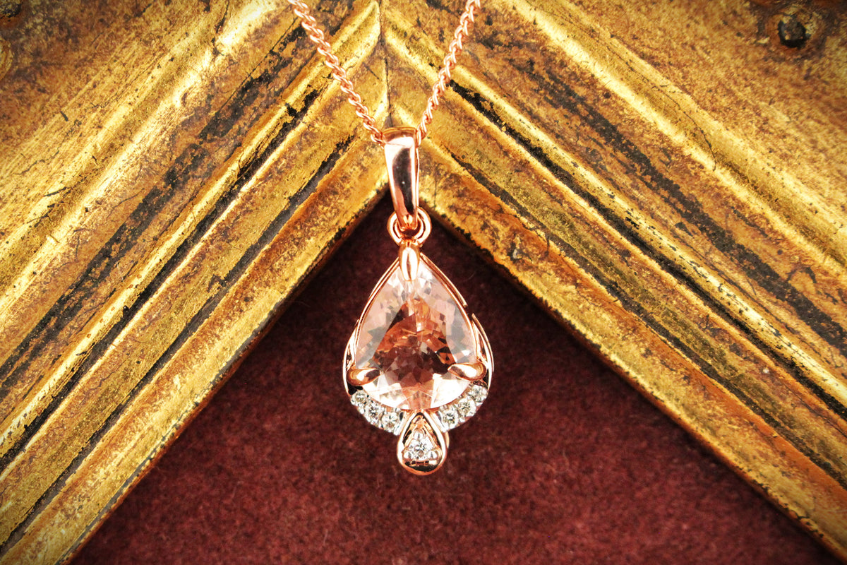 MODERN MORGANITE &amp; DIAMOND PENDANT &amp; CHAIN ON 9CT ROSE GOLD