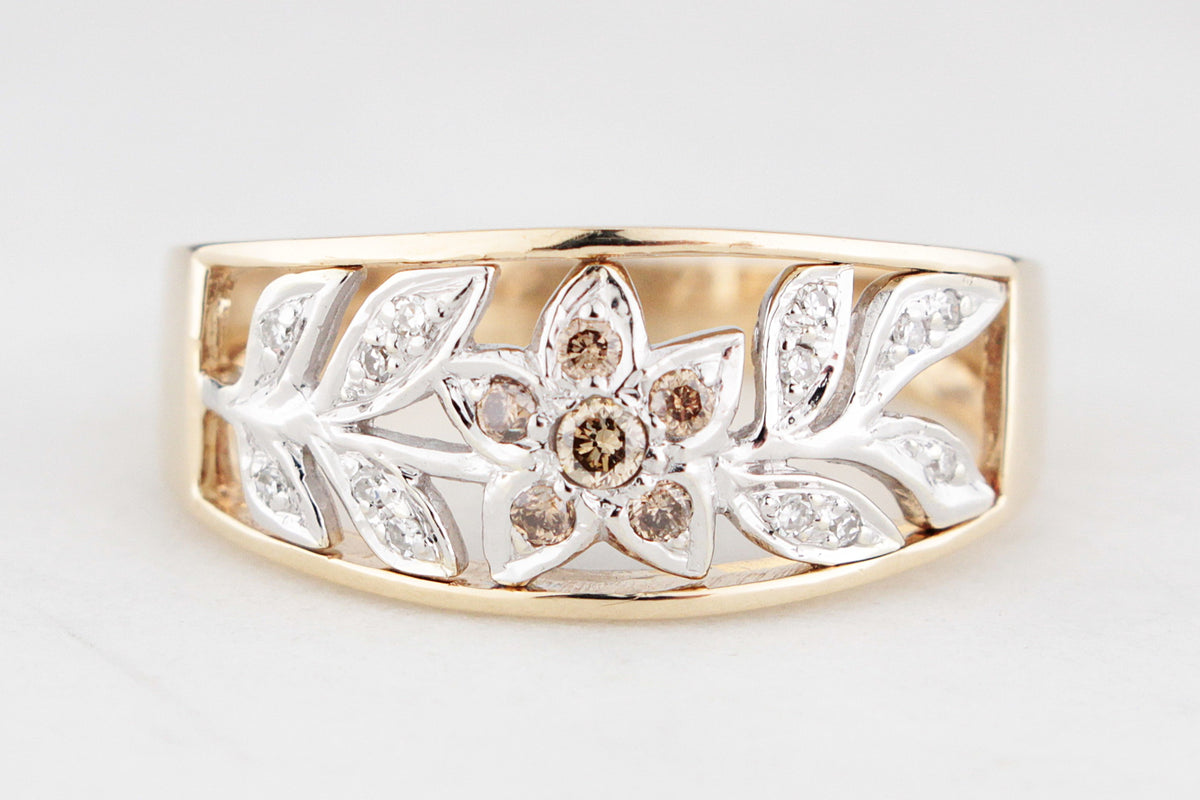 MODERN DIAMOND &amp; COGNAC DIAMOND FLORAL RING 9ct GOLD