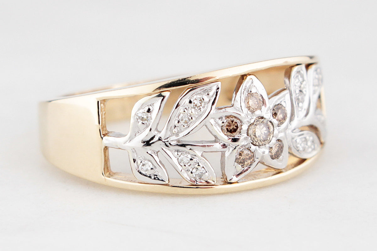 MODERN DIAMOND &amp; COGNAC DIAMOND FLORAL RING 9ct GOLD