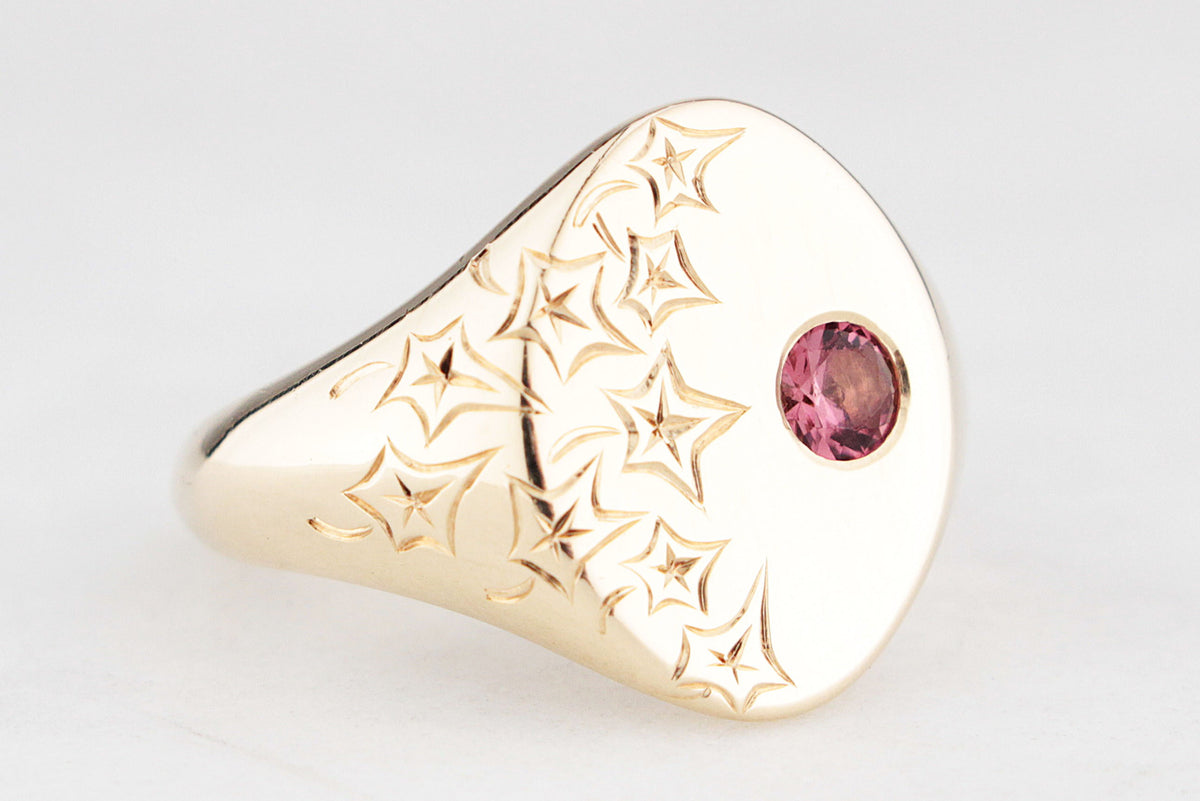 BESPOKE ENGRAVED PINK SAPPHIRE SIGNET RING 9ct GOLD