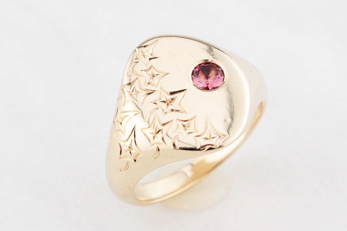 BESPOKE ENGRAVED PINK SAPPHIRE SIGNET RING 9ct GOLD