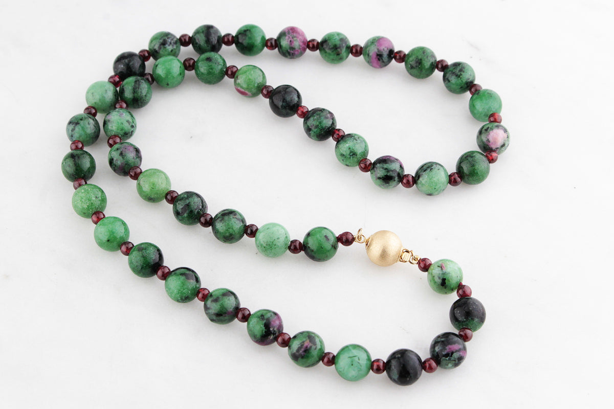 BESPOKE NATURAL ZOISITE &amp; GARNET BEAD NECKLACE 14ct GOLD