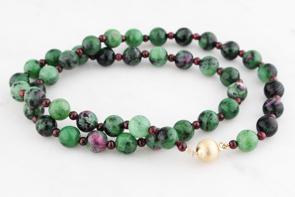 BESPOKE NATURAL ZOISITE &amp; GARNET BEAD NECKLACE 14ct GOLD