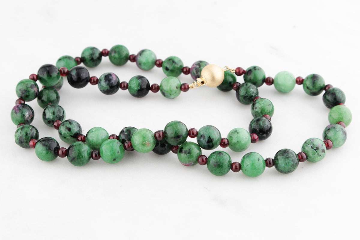 BESPOKE NATURAL ZOISITE &amp; GARNET BEAD NECKLACE 14ct GOLD