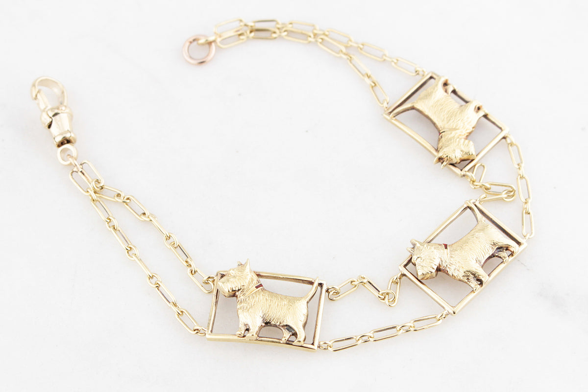 VINTAGE SCOTTY DOG LINK BRACELET 14ct GOLD