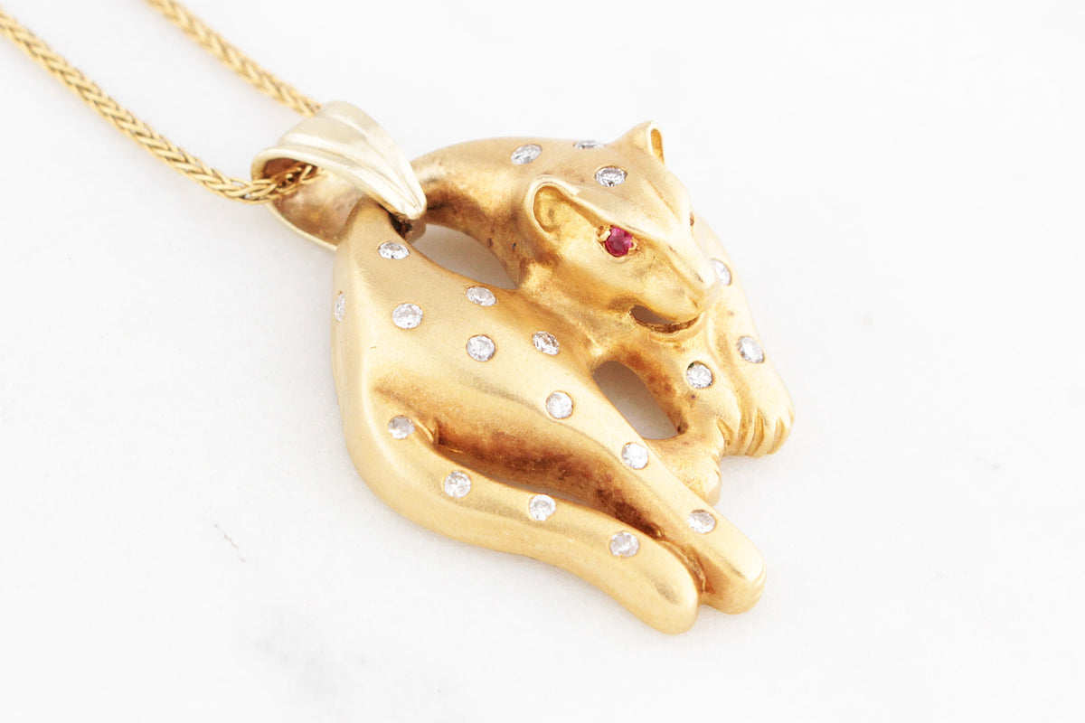VINTAGE c1940 DIAMOND &amp; RUBY LEOPARD PENDANT 18ct GOLD