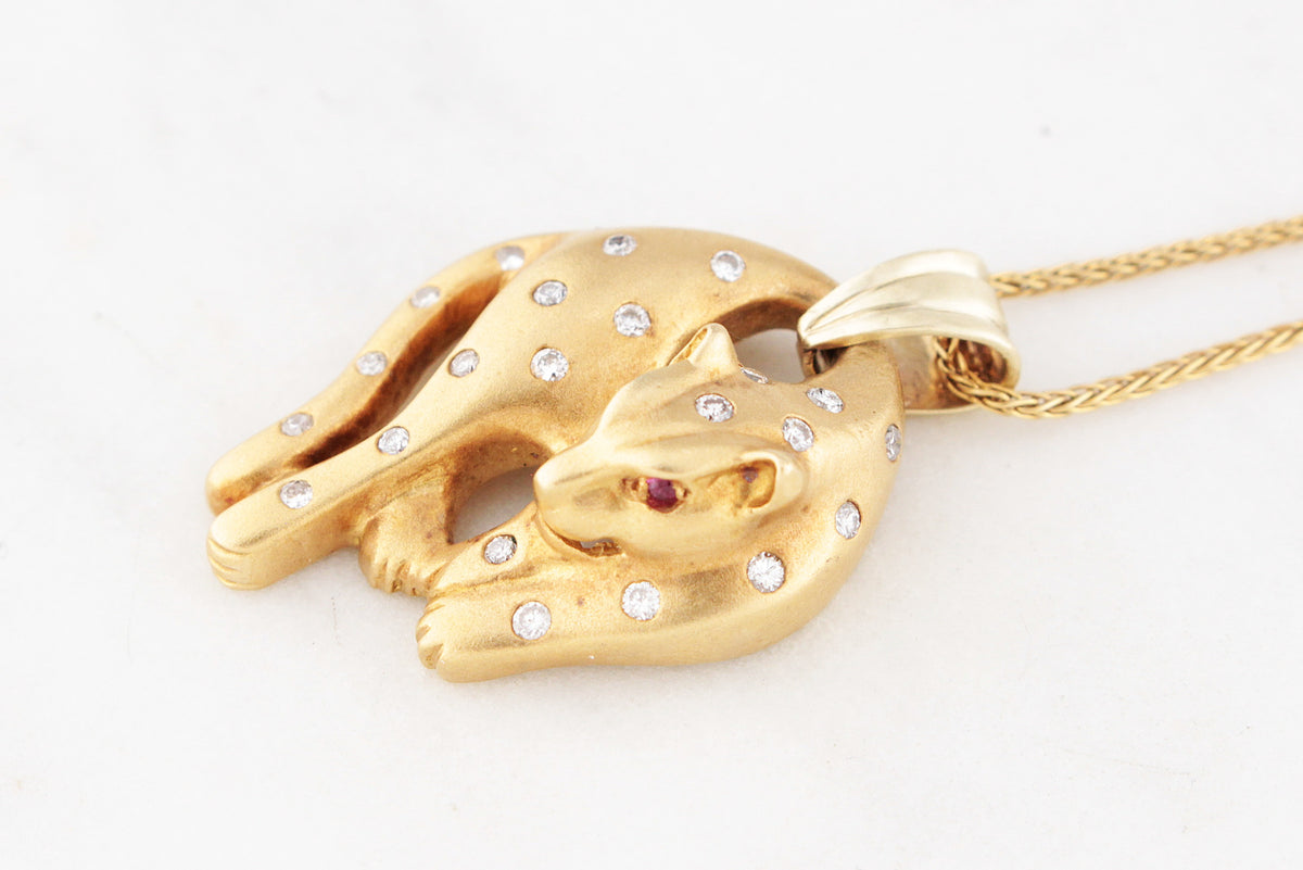 VINTAGE c1940 DIAMOND &amp; RUBY LEOPARD PENDANT 18ct GOLD