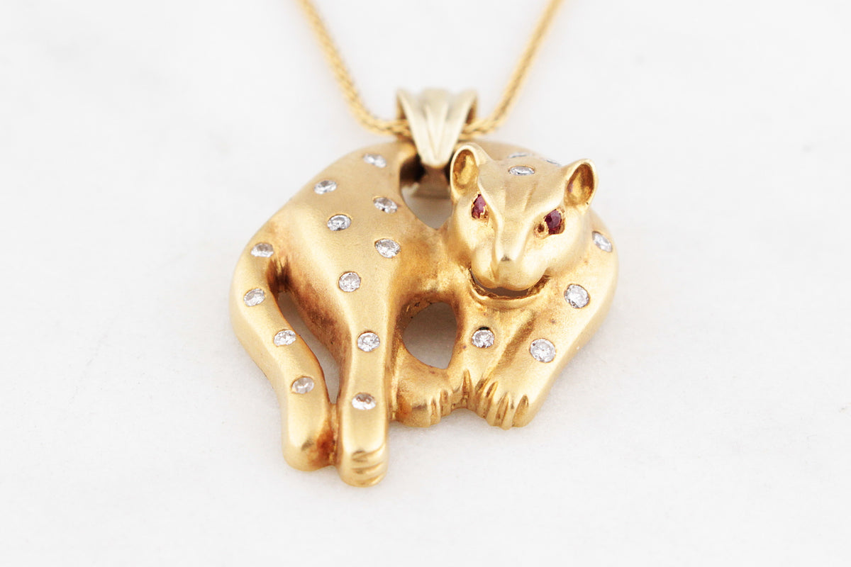 VINTAGE c1940 DIAMOND &amp; RUBY LEOPARD PENDANT 18ct GOLD