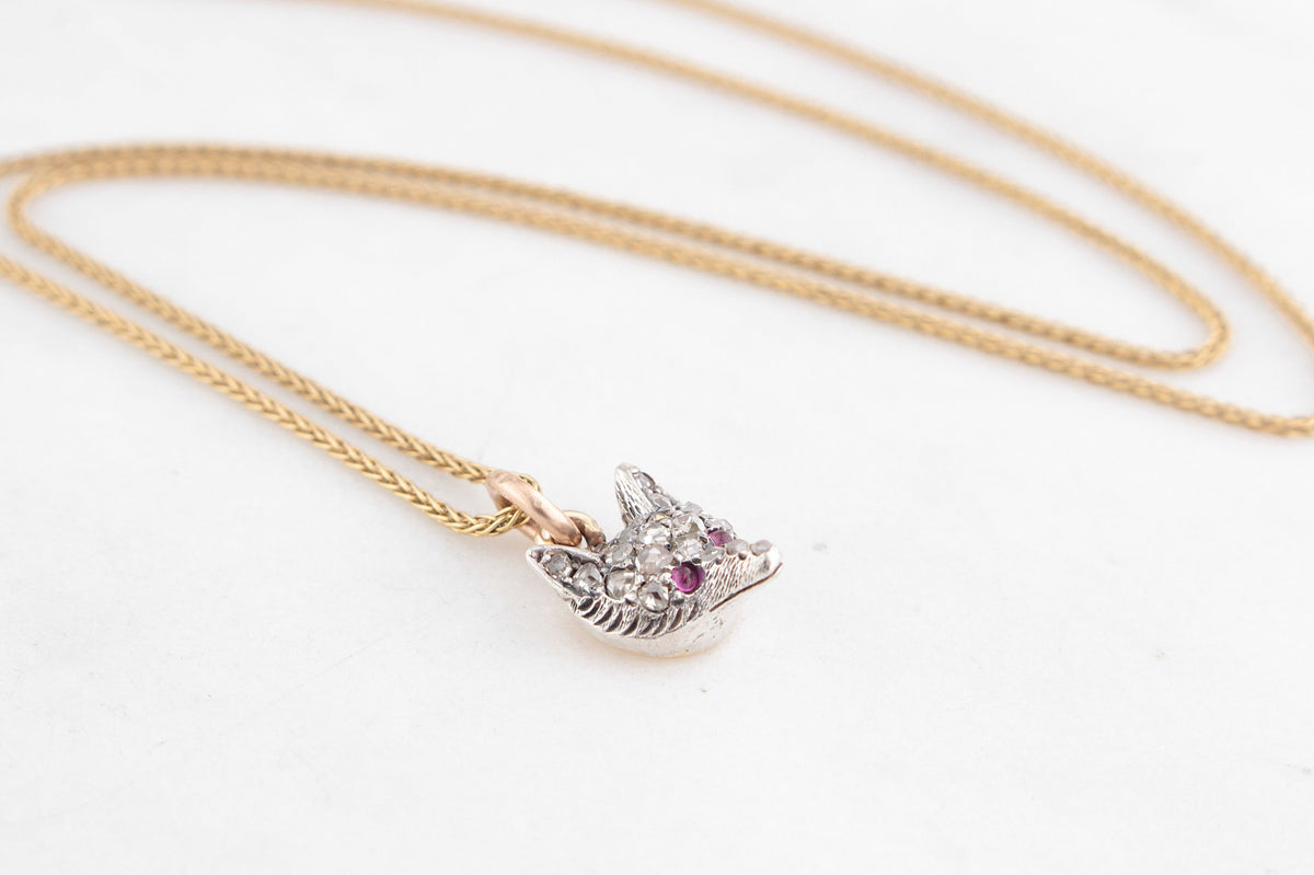 ANTIQUE VICTORIAN c1860’s DIAMOND &amp; RUBY FOX PENDANT SILVER &amp; 9ct GOLD