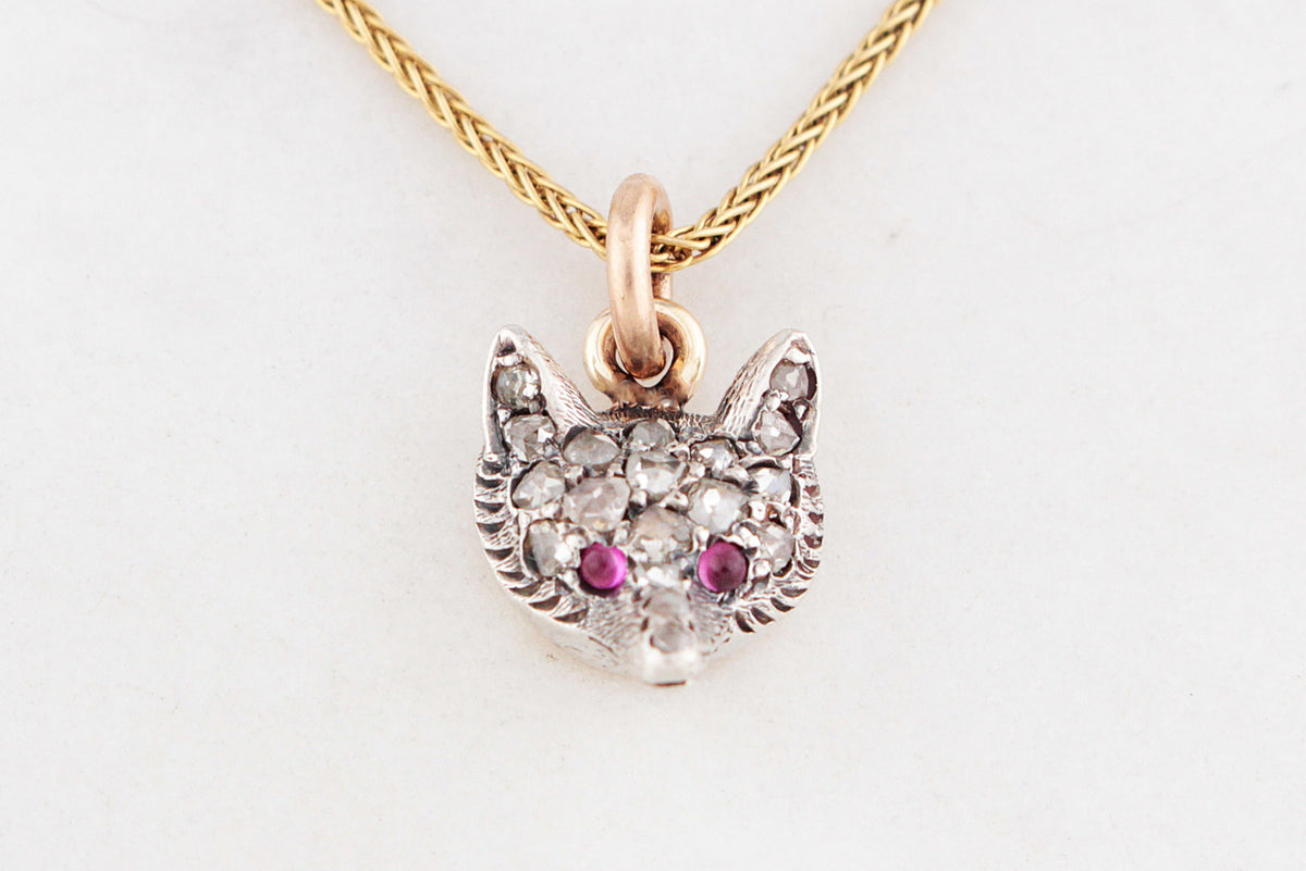 ANTIQUE VICTORIAN c1860’s DIAMOND &amp; RUBY FOX PENDANT SILVER &amp; 9ct GOLD