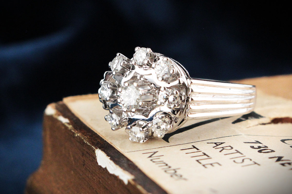 VINTAGE c1940's .80ct DIAMOND CLUSTER RING 14ct GOLD