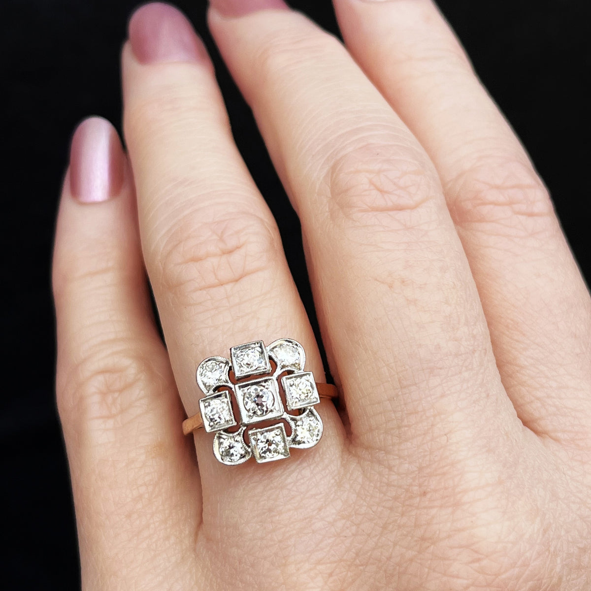 ANTIQUE ART DECO c1920 1ct DIAMOND CLUSTER RING 18ct GOLD &amp; PLATINUM