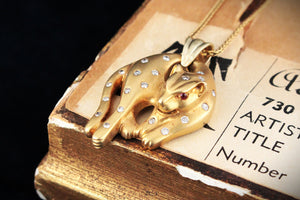 VINTAGE c1940 DIAMOND & RUBY LEOPARD PENDANT 18ct GOLD