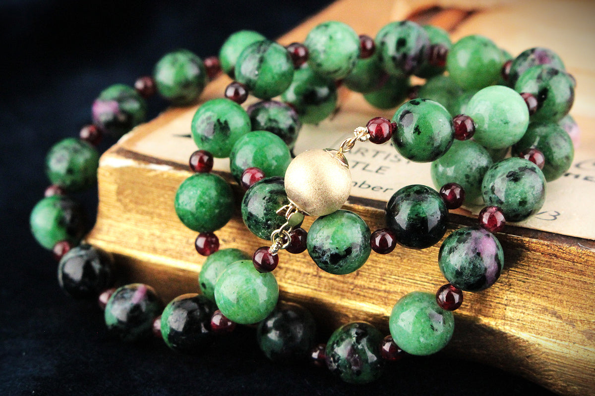BESPOKE NATURAL ZOISITE &amp; GARNET BEAD NECKLACE 14ct GOLD