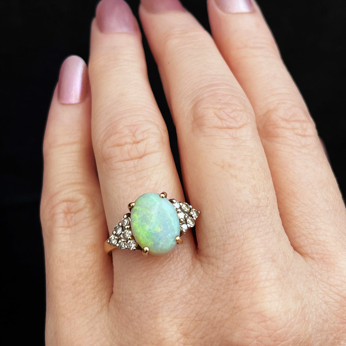 RETRO c1980s SOLID OPAL &amp; DIAMOND STATEMENT RING 9ct GOLD