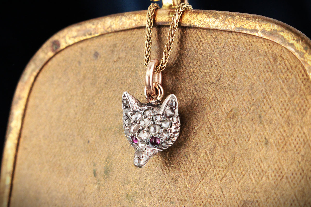 ANTIQUE VICTORIAN c1860’s DIAMOND &amp; RUBY FOX PENDANT SILVER &amp; 9ct GOLD