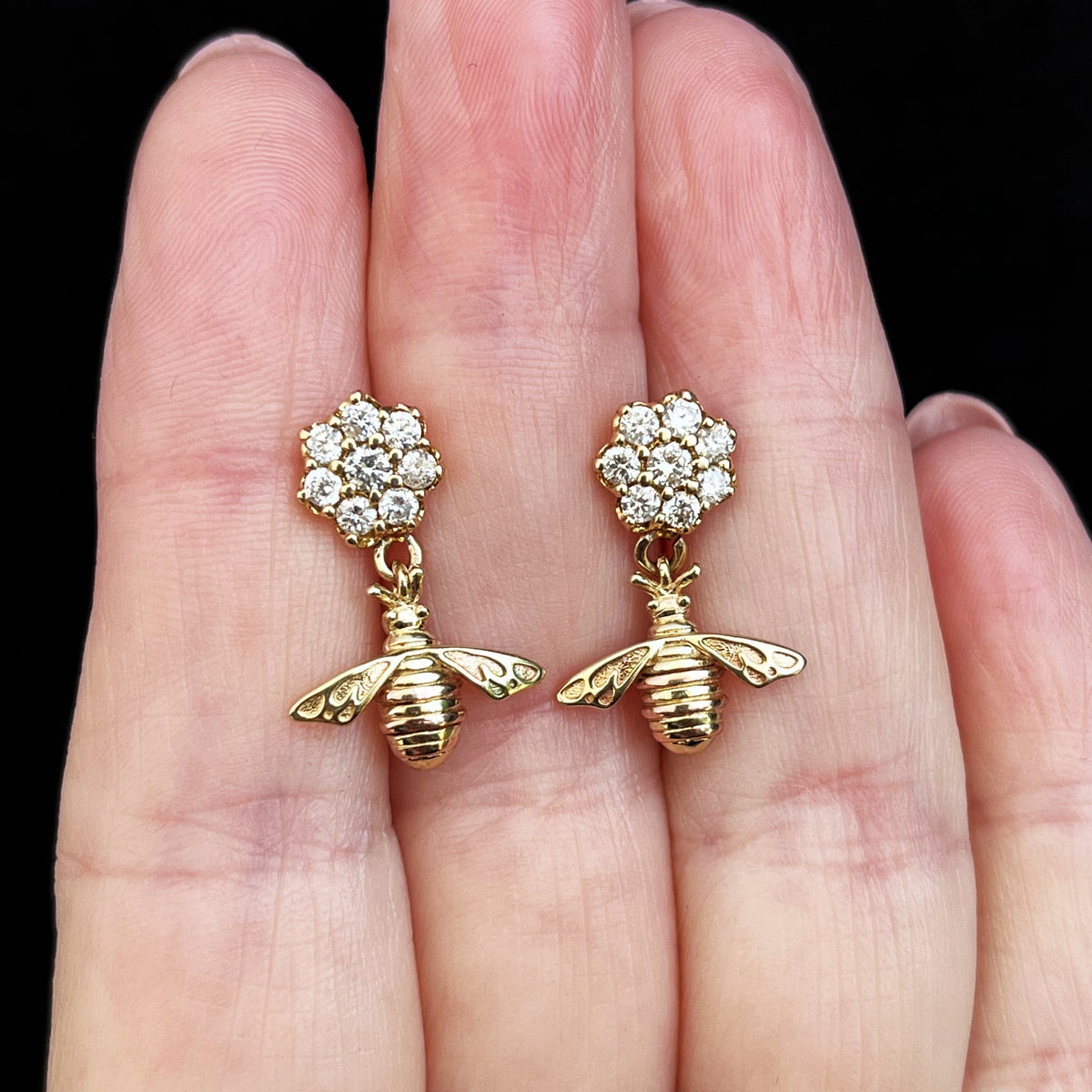 VINTAGE 14ct GOLD DIAMOND CLUSTER &amp; BEE EARRINGS
