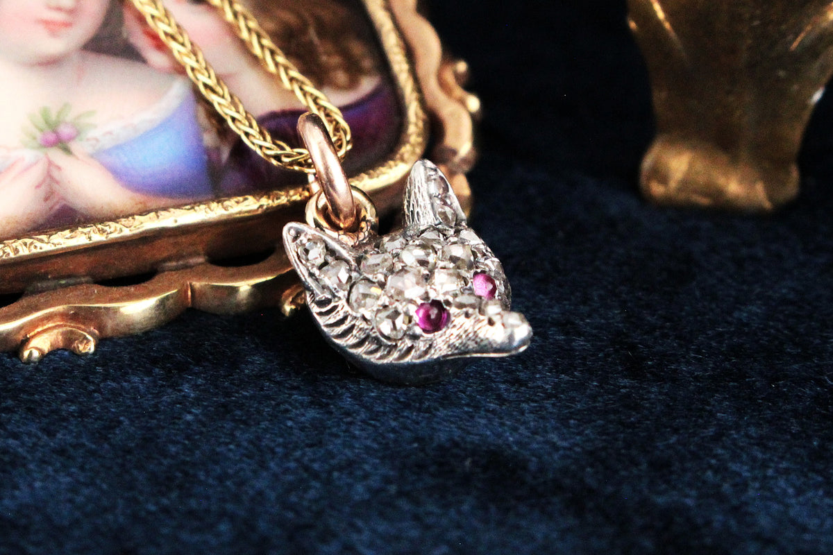 ANTIQUE VICTORIAN c1860’s DIAMOND &amp; RUBY FOX PENDANT SILVER &amp; 9ct GOLD