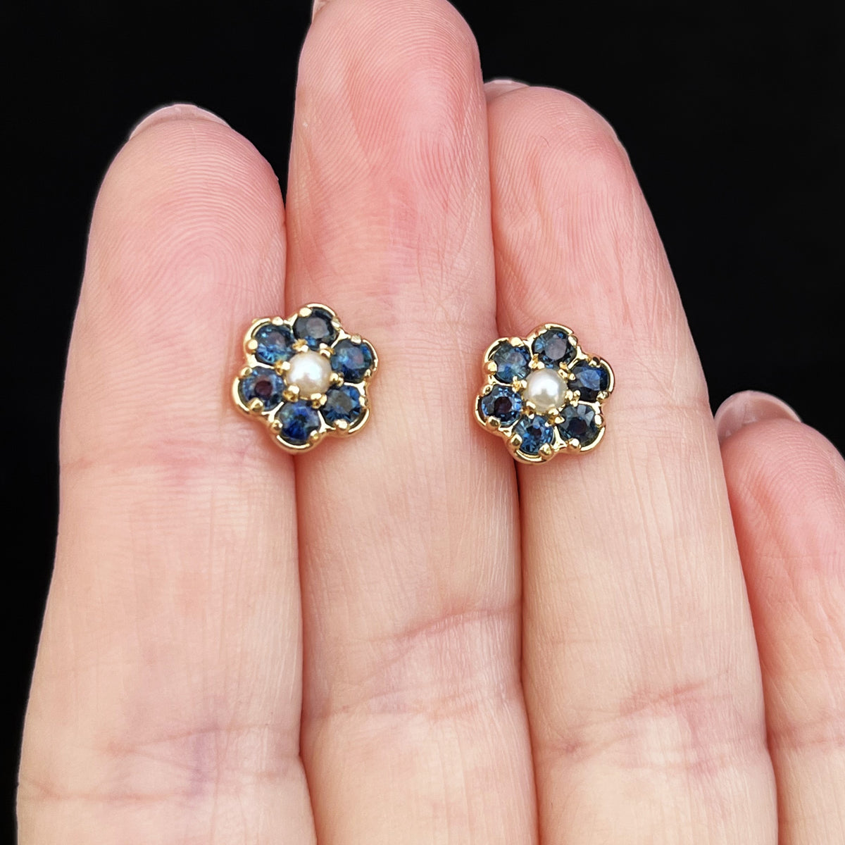 RETRO SAPPHIRE &amp; PEARL FLORAL STUDS 9ct GOLD