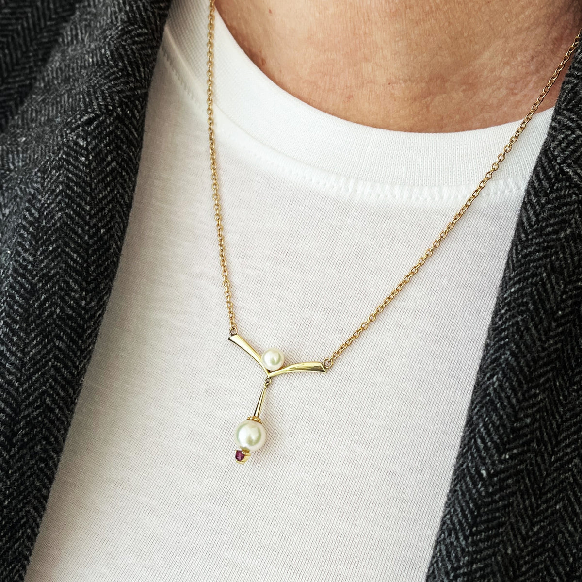 VINTAGE c1940 PEARL &amp; RUBY NECKLACE 14ct GOLD