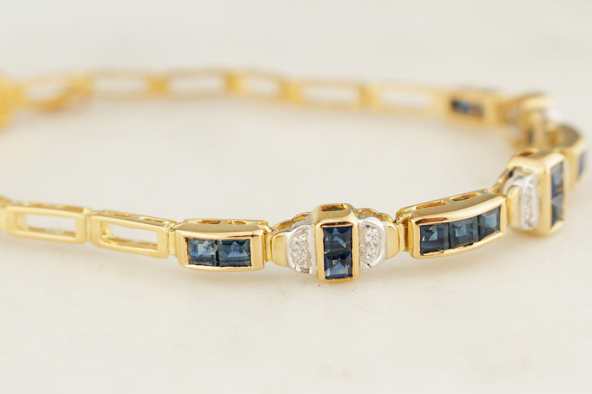 VINTAGE ART DECO STYLE SAPPHIRE &amp; DIAMOND BRACELET 18ct GOLD