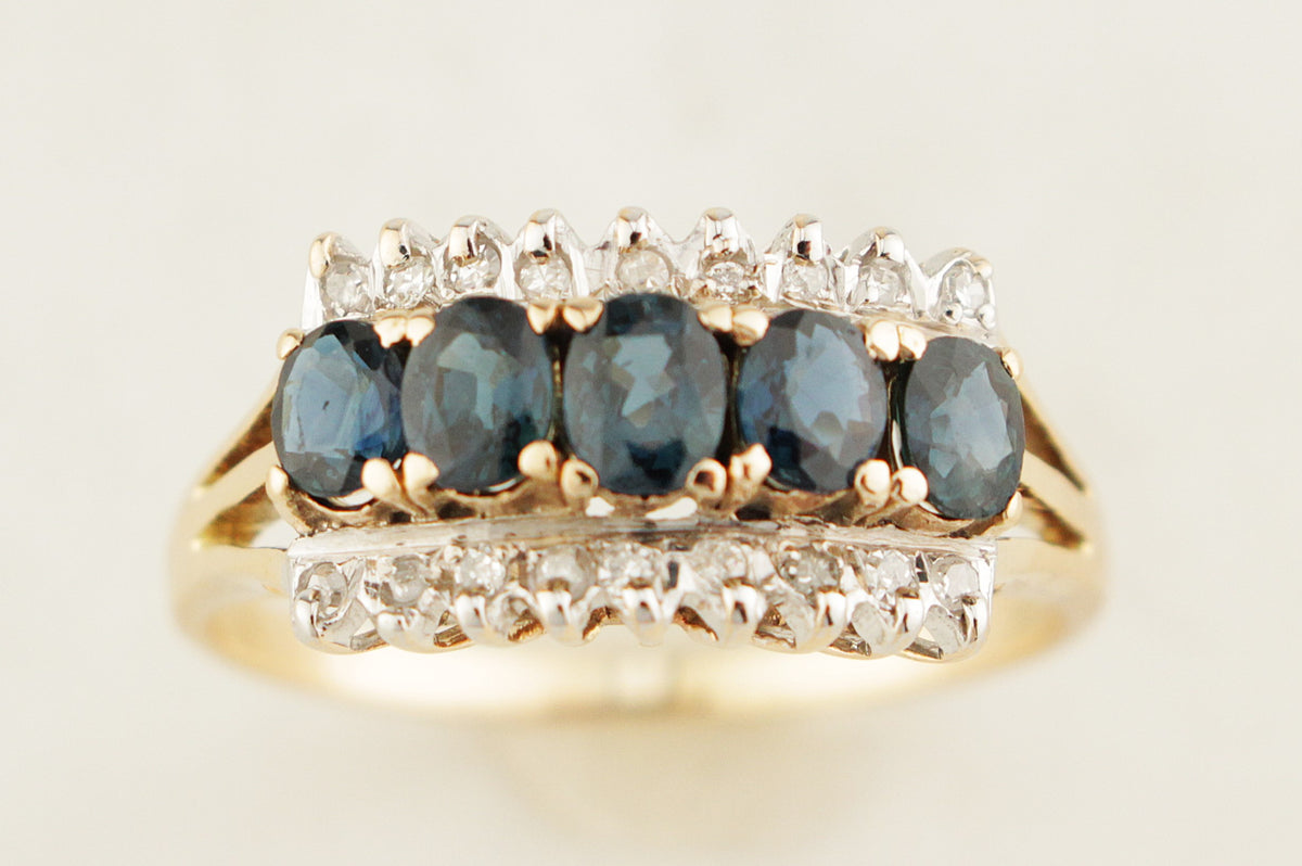 RETRO c1980 SAPPHIRE &amp; DIAMOND RING 14ct GOLD