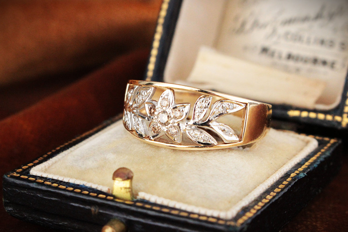 MODERN DIAMOND &amp; COGNAC DIAMOND FLORAL RING 9ct GOLD