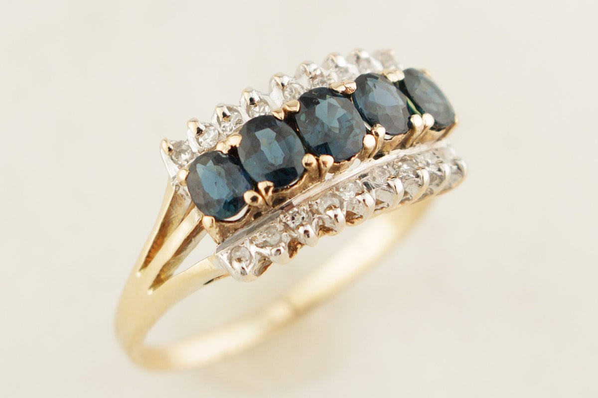 RETRO c1980 SAPPHIRE &amp; DIAMOND RING 14ct GOLD