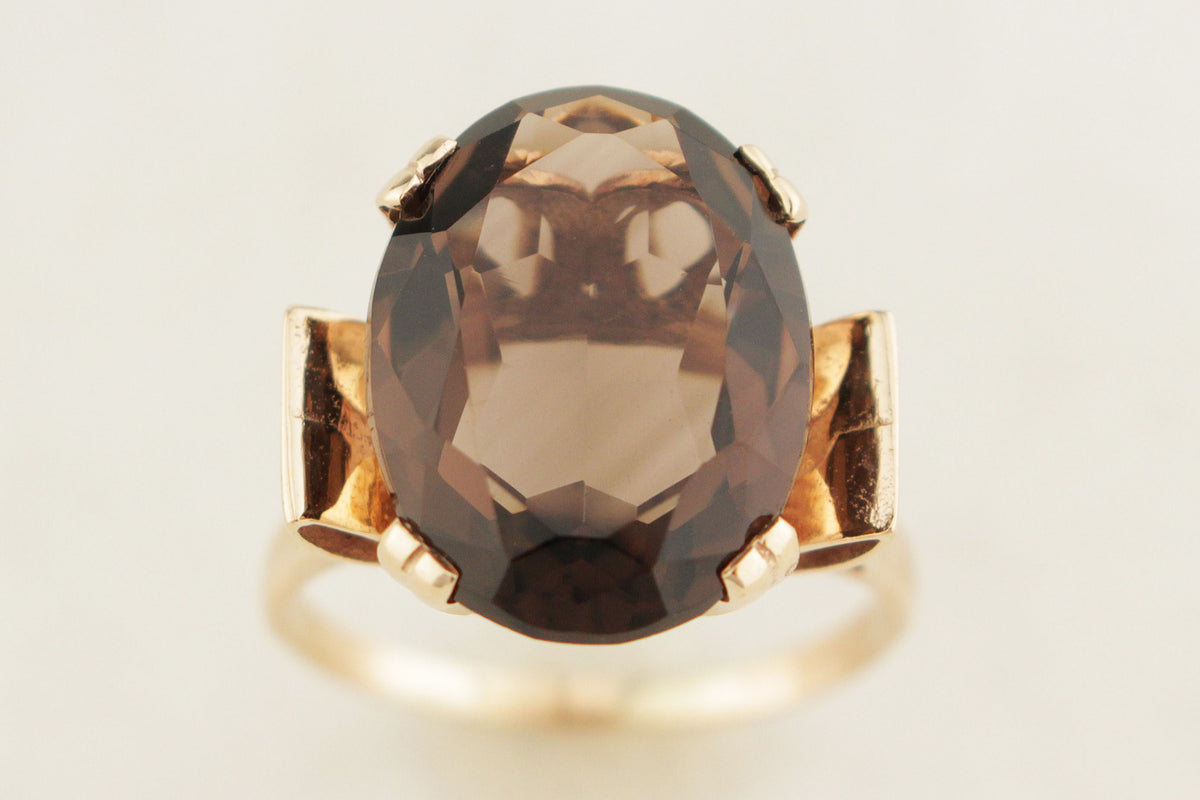 VINTAGE MID CENTURY SMOKY QUARTZ COCKTAIL RING 9ct GOLD