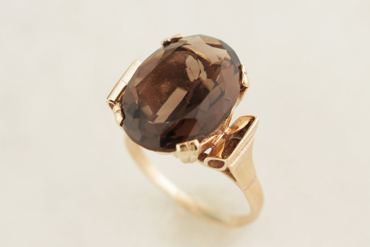 VINTAGE MID CENTURY SMOKY QUARTZ COCKTAIL RING 9ct GOLD