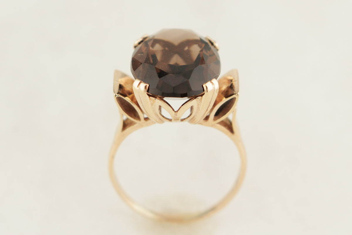 VINTAGE MID CENTURY SMOKY QUARTZ COCKTAIL RING 9ct GOLD