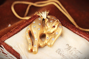 VINTAGE c1940 DIAMOND & RUBY LEOPARD PENDANT 18ct GOLD