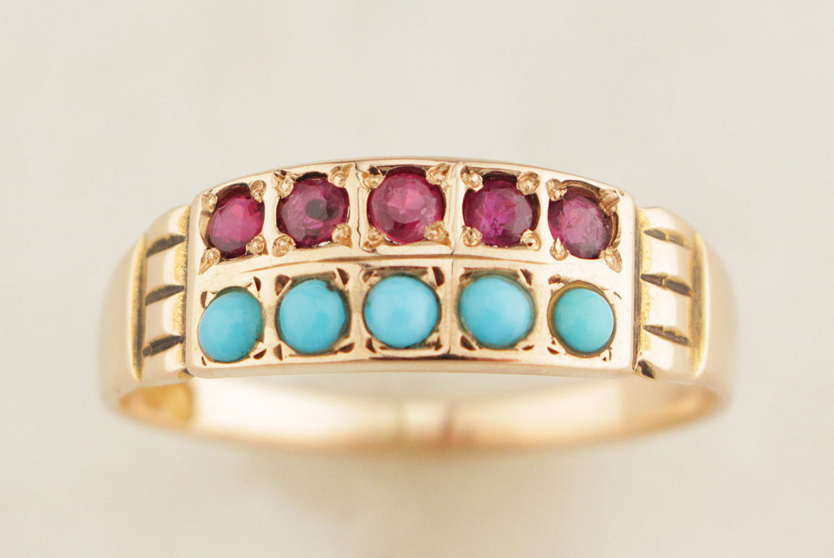 ANTIQUE AUSTRALIAN c1900 RUBY &amp; TURQUOISE RING 15ct GOLD