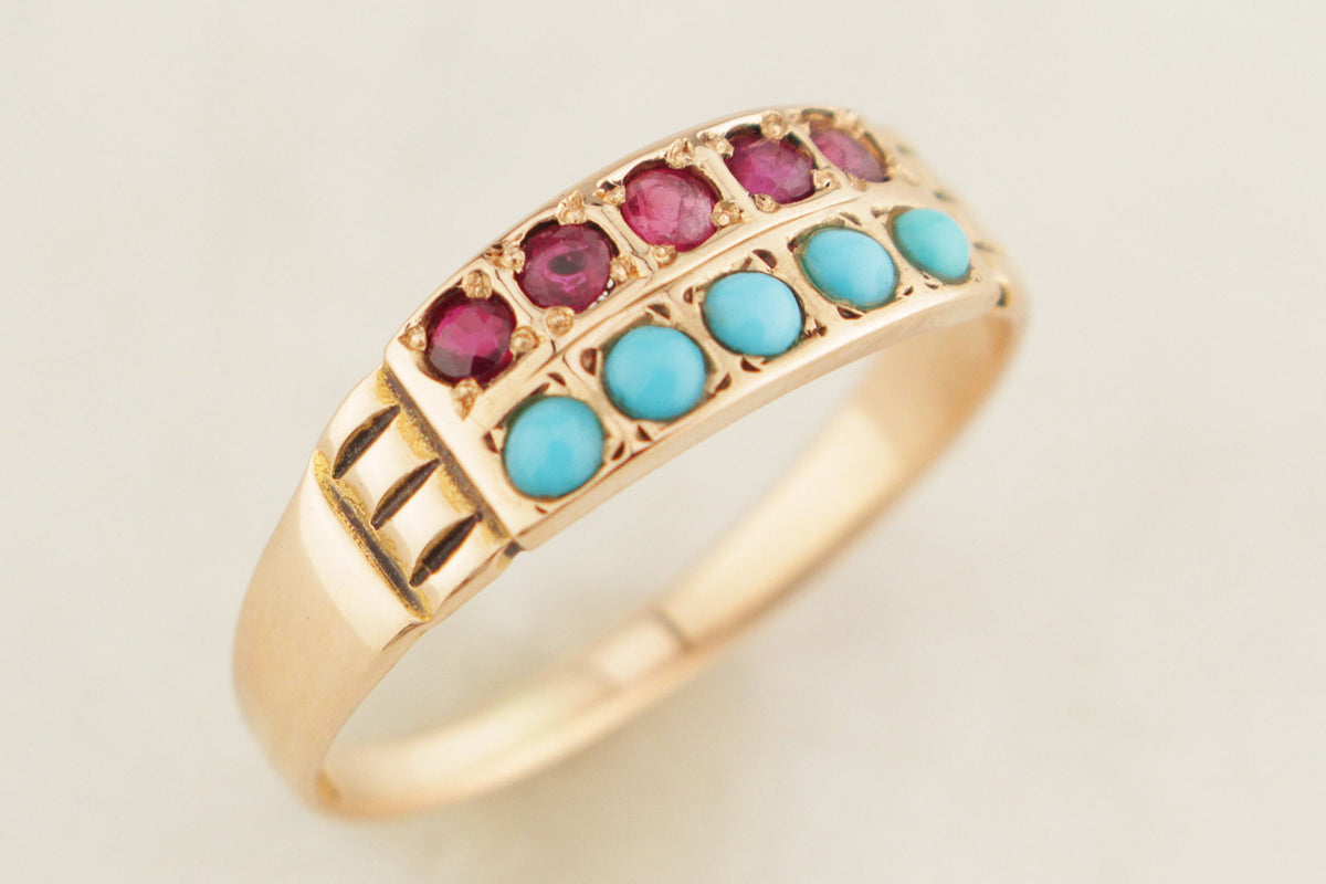 ANTIQUE AUSTRALIAN c1900 RUBY &amp; TURQUOISE RING 15ct GOLD