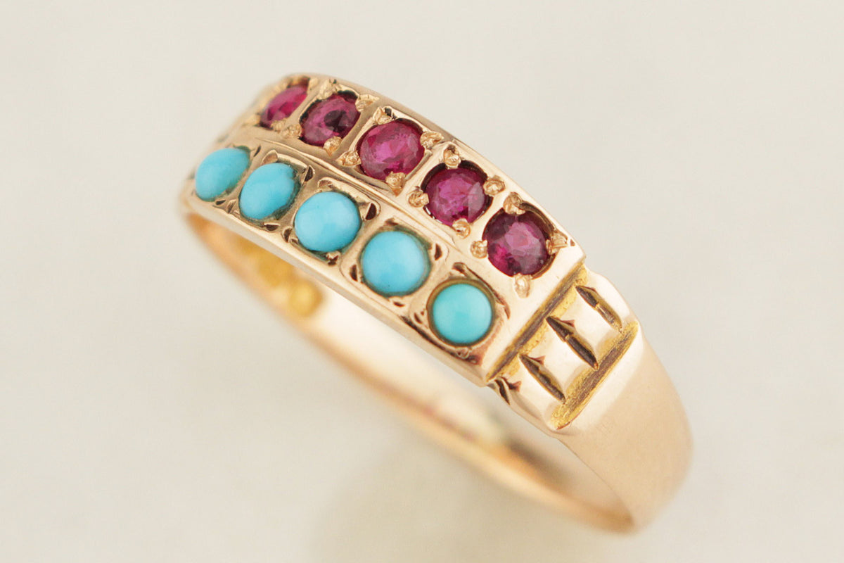 ANTIQUE AUSTRALIAN c1900 RUBY &amp; TURQUOISE RING 15ct GOLD