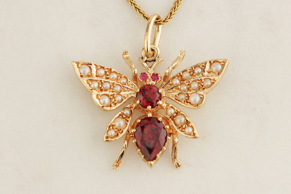 RETRO ANTIQUE STYLE GARNET RUBY &amp; SEED PEARL WASP PENDANT 9ct GOLD