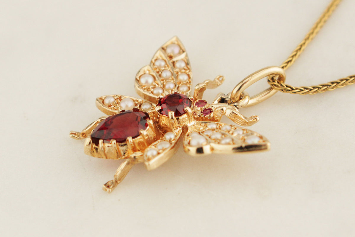 RETRO ANTIQUE STYLE GARNET RUBY &amp; SEED PEARL WASP PENDANT 9ct GOLD
