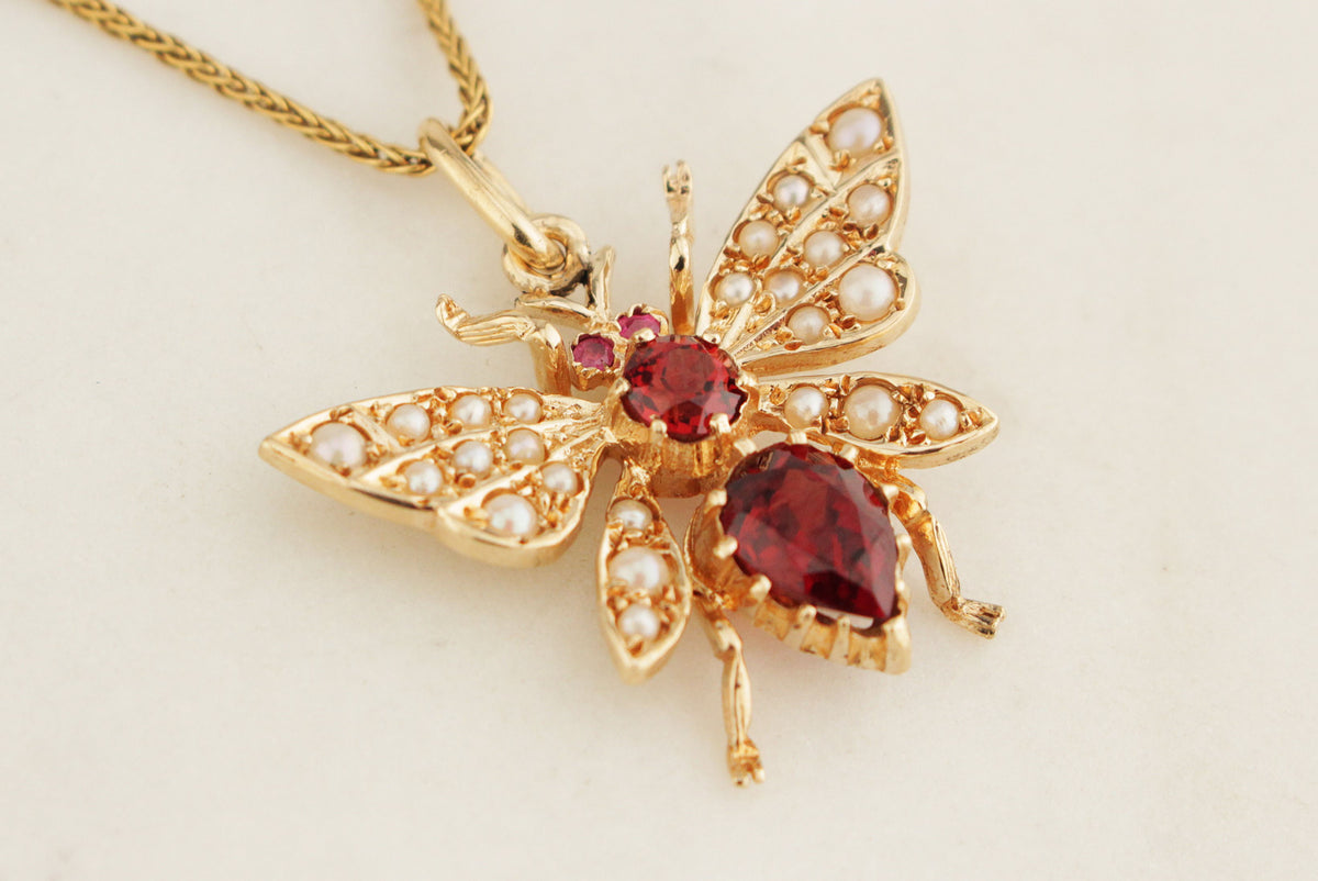 RETRO ANTIQUE STYLE GARNET RUBY &amp; SEED PEARL WASP PENDANT 9ct GOLD