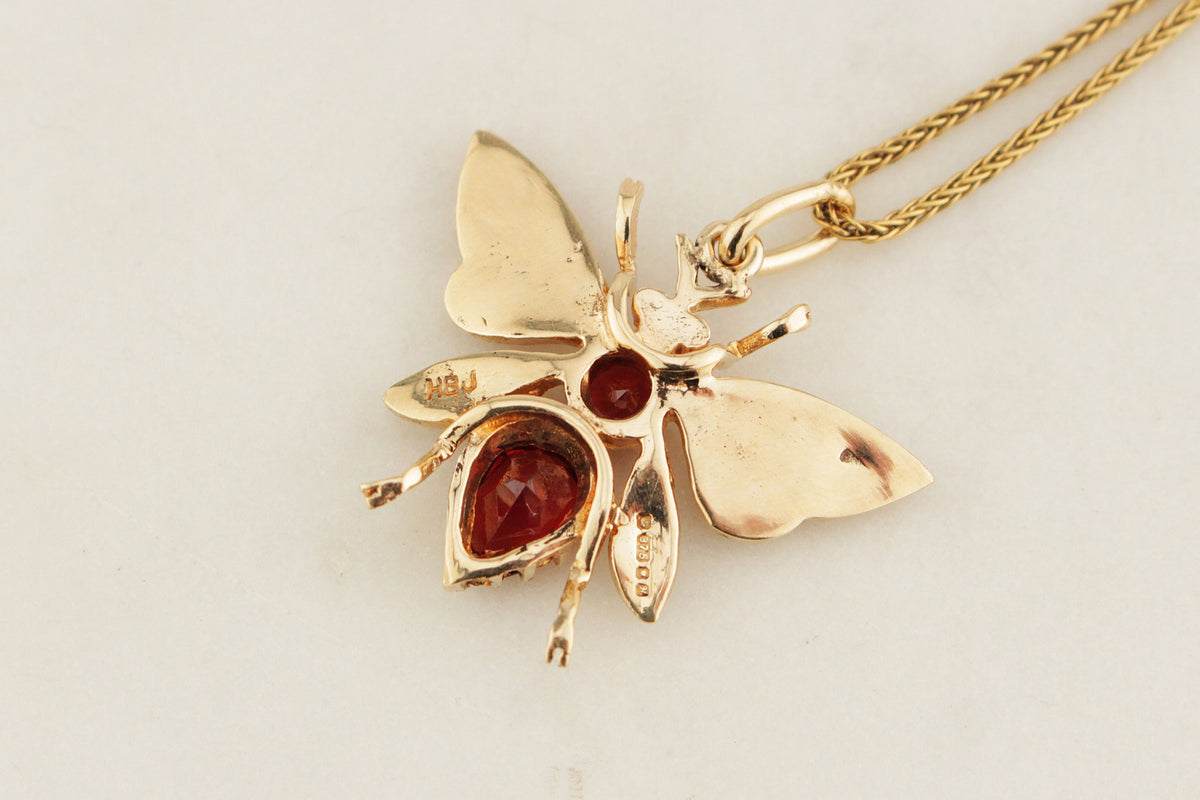RETRO ANTIQUE STYLE GARNET RUBY &amp; SEED PEARL WASP PENDANT 9ct GOLD
